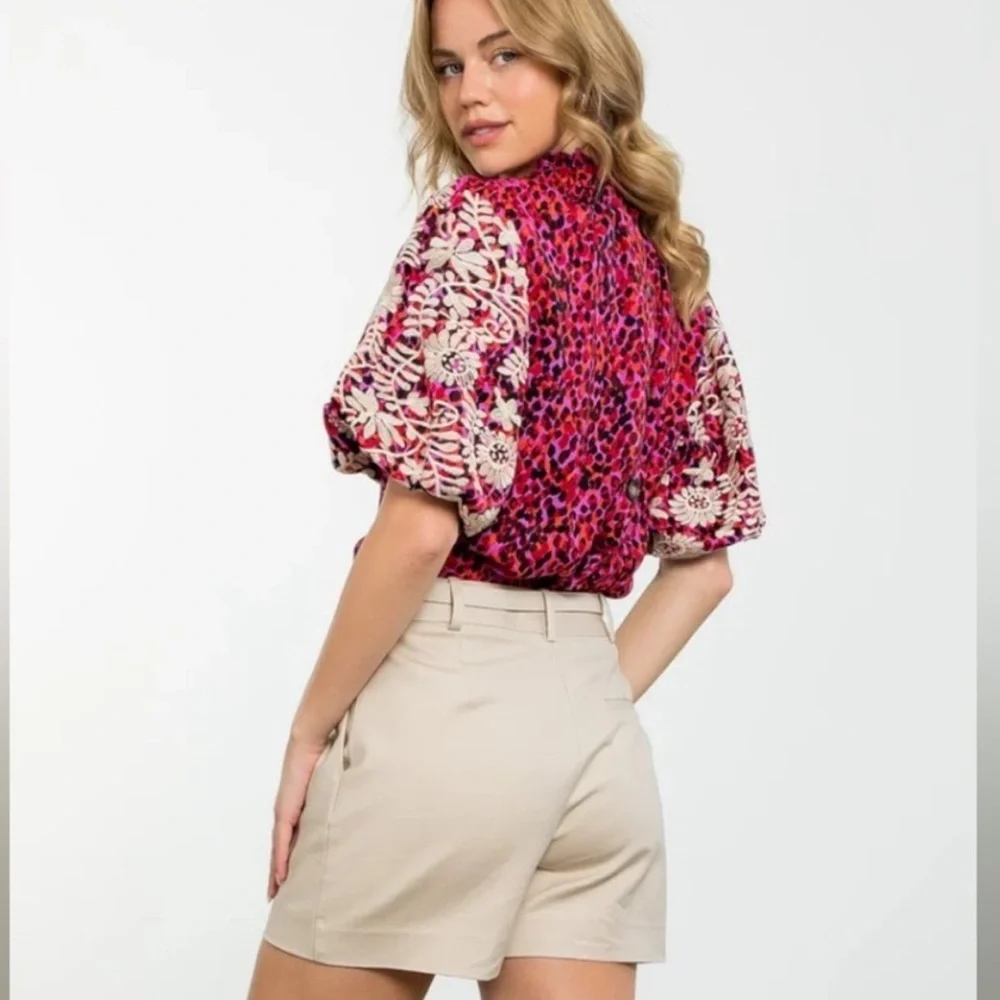 Anthropologie THML Embroidered Puff Sleeve Texture Top